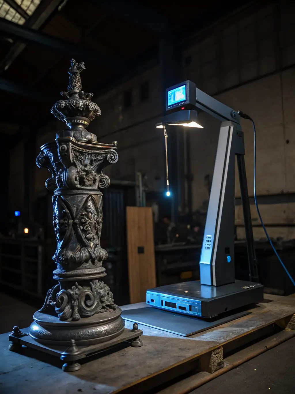 A professional using a handheld 3D scanner to capture the intricate details of a classic car's body, showcasing the precision of automotive scanning services.