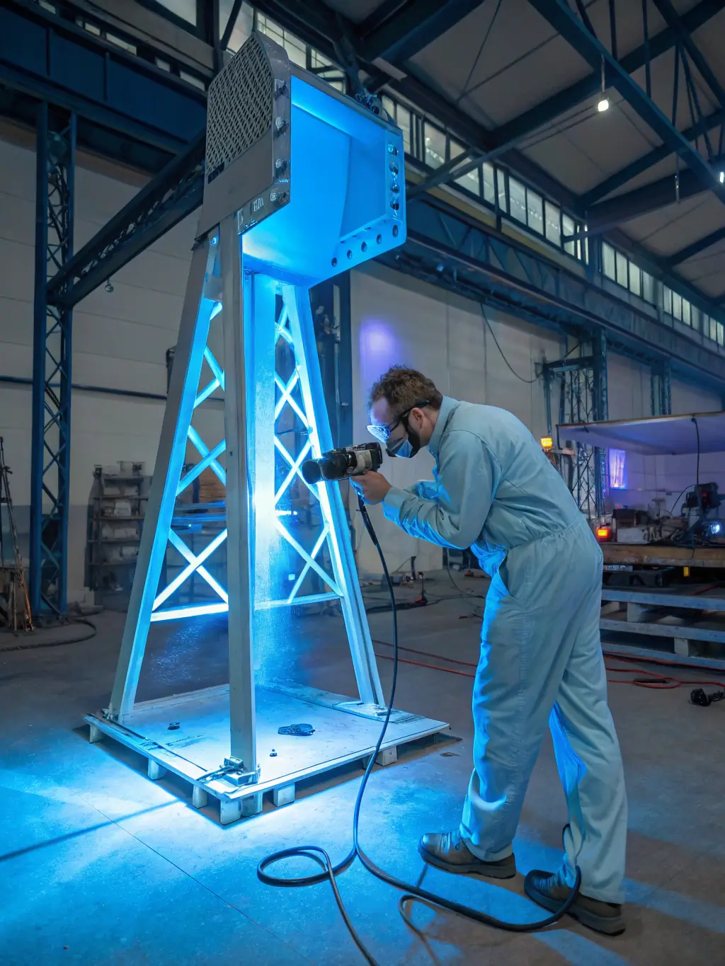 A technician using a structured light 3D scanner to digitize a complex industrial part, highlighting the use of 3D scanning in manufacturing.
