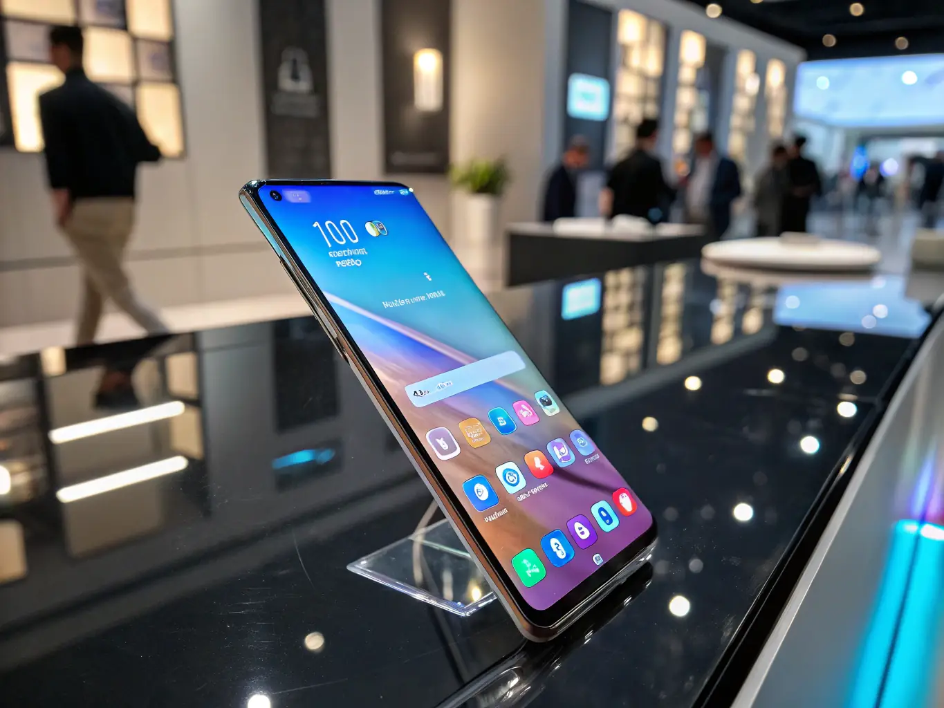 A photorealistic 3D rendering of a newly designed smartphone, showcasing its sleek design and innovative features, intended for use in marketing materials.