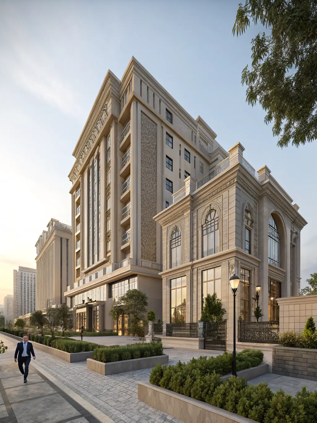 A detailed 3D architectural visualization of a modern building, highlighting realistic textures and lighting, designed by Xmind Design Co., Ltd.